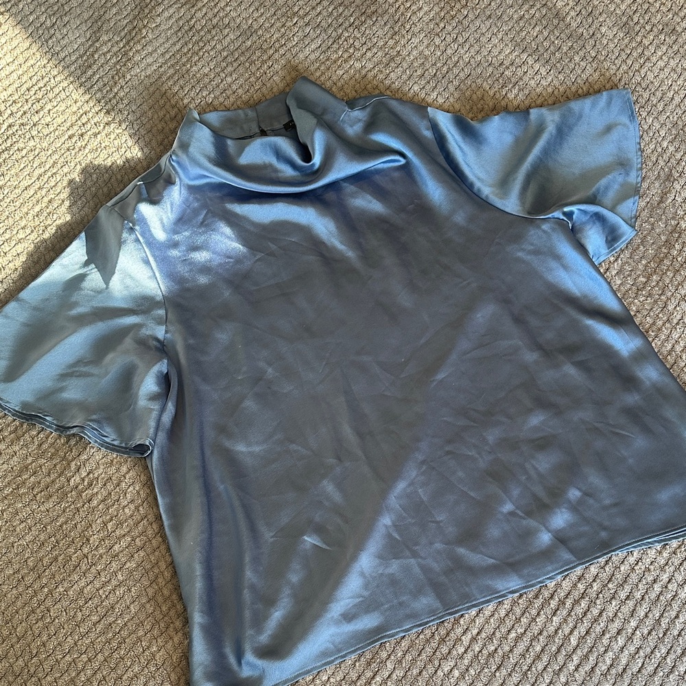 Ann Taylor Silky Blue Short Sleeve Top Cowl neck